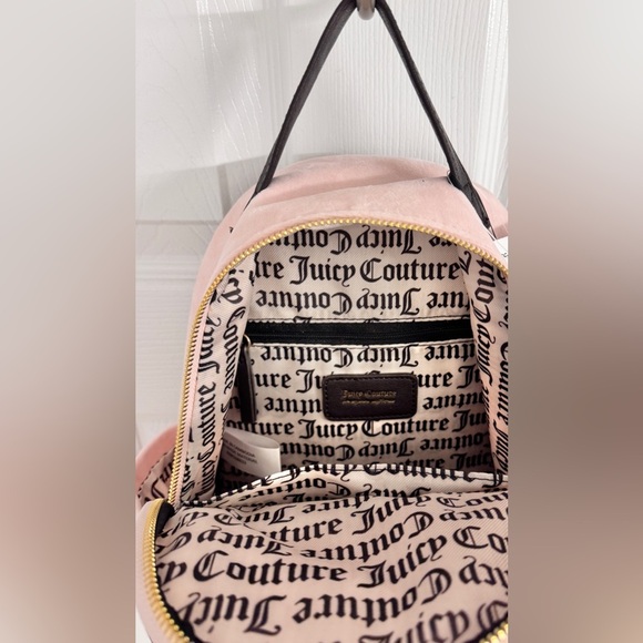 NWT Juicy Couture Mini Pink Velvet Backpack with Black Straps - Picture 9 of 12